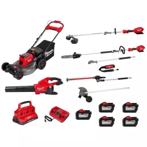 Milwaukee M18 FUEL 18V Cordless Mower, Dual Blower, String Trimmer, (4) QUIK-LOK Attachments, (5) 12.0 Ah Batteries, (2) Charger