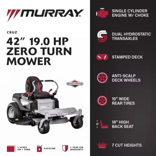 Murray Cruz 42 in. 19.0 HP 540cc EX1900 Series Briggs and Stratton Engine Dual Hydrostatic Drive Gas Zero Turn Mower - Image 3