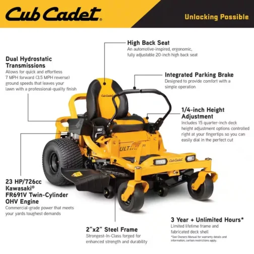 Cub Cadet Ultima ZT1 50 in. Fabricated Deck 23HP V-Twin Kawasaki FR Series Engine Dual Hydro Drive Gas Zero Turn Riding Lawn Mower - Image 2