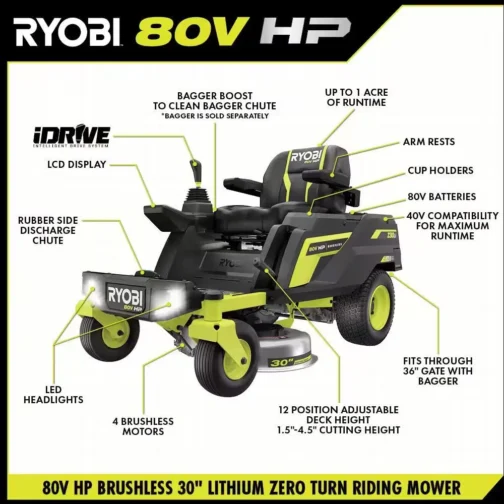 RYOBI 80V HP Brushless 30 in. Battery Electric Cordless Zero Turn Mower with (2) 80V 10 Ah Batteries, Charger, Bagger w/Boost - Image 3