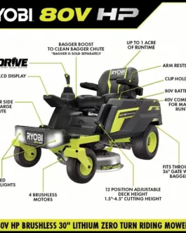 RYOBI 80V HP Brushless 30 in. Battery Electric Cordless Zero Turn Riding Mower with (2) 80V 10 Ah Batteries and Charger