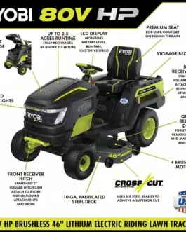 RYOBI 80V HP Brushless 46 in. Battery Electric Cordless Riding Lawn Tractor with (3) 80V 10Ah Batteries and Charger