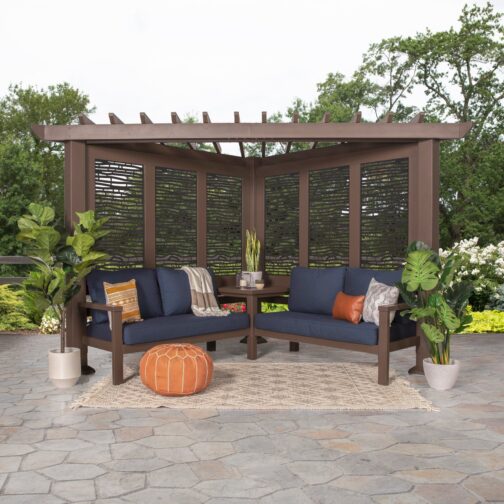 Hillsdale Traditional Steel Corner Pergola with Conversational Seating