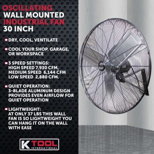 K Tool KTI77732 30" Oscillating Wall Mount Fan - Image 2