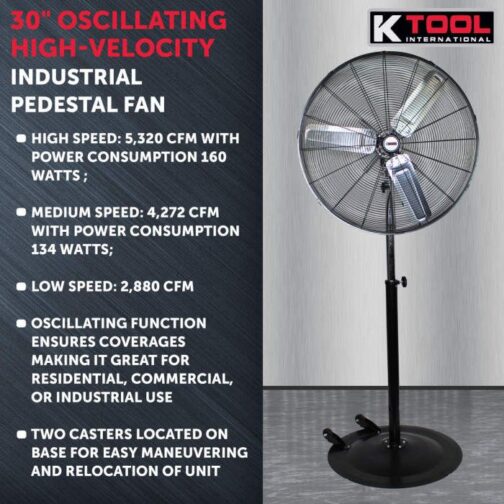 K Tool KTI77734 30" Oscillating Portable Pedestal Fan - Image 3