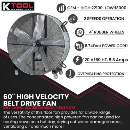 K Tool KTI77760 60" Heavy-Duty Portable Drum Fan - Image 2